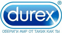 a blue and white logo for durex with russian writing underneath