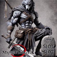 a statue of a werewolf holding a sword next to a tombstone that says apha slot slot