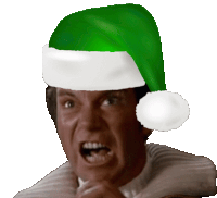 a man wearing a green and white santa hat is making a funny face