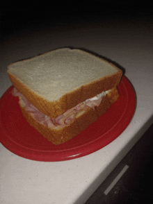 a ham and cheese sandwich on a red plate on a counter