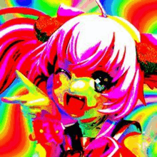 a colorful painting of a girl with pigtails and a rainbow background