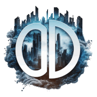 a logo for a company called cd shows a city in the background