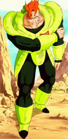 a cartoon character from dragon ball z is standing in a desert landscape