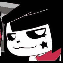 a black and white cartoon character with a red tie and a star on her face .