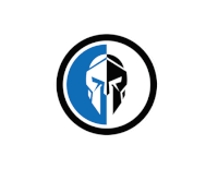 a spartan helmet is divided in half in a blue and black circle