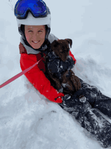 a child wearing a helmet and goggles is holding a dog