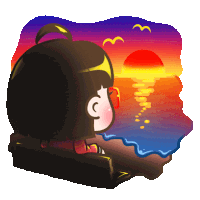 a cartoon of a girl watching the sunset over the ocean