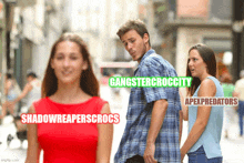 a man and a woman are walking down a street with the words gangstercroccity apexpredators shadowreaperscrocs