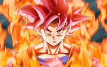 a cartoon character with pink hair and red eyes surrounded by flames