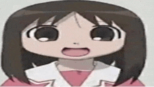 a close up of a cartoon girl 's face with her mouth open and a surprised look on her face .