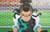 a soccer player with a ponytail and a shirt that says ' yj ' on it