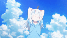 a girl with white hair and a blue shirt looks up at the blue sky