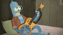 bender from futurama is playing a guitar