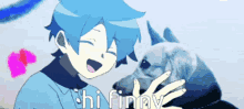 a boy with blue hair is petting a dog with the words hi funny written below him