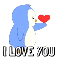 a blue penguin is holding a red heart and the words i love you are below it