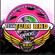 a logo for team juri rkd karaoke with a microphone and wings