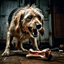 a dog chewing on a bone with a watermark on the bottom that says ' texas '