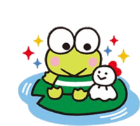 keroppi the frog is sitting on a leaf with a snowman .