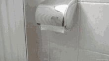 a person is pulling a roll of toilet paper that has a face drawn on it