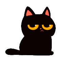 a black cat with orange eyes is sitting down and looking at the camera on a white background .