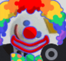 a clown with a rainbow wig and a bow tie is standing next to a car .