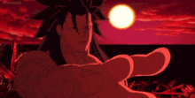 a man with long black hair is standing in front of a red sky and sun