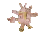 a drawing of a turtle with a few houses on it