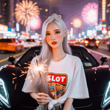 a woman holding sparklers in front of a car that says slot on it