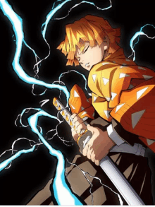 a drawing of a person holding a sword with lightning behind him