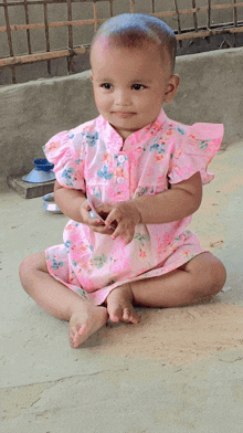 a little girl in a pink floral dress is sitting on the ground