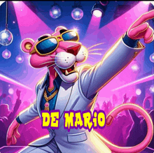 a pink panther wearing sunglasses and a white suit is dancing in front of a crowd and says de mario