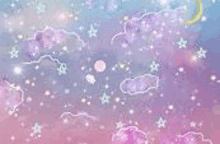 a purple and blue background with clouds and stars