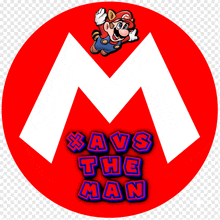 a red circle with a white letter m and the words save the man