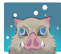 a cartoon drawing of a boar with blue eyes and sharp teeth