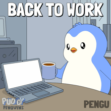 a penguin is sitting at a desk holding a cup of coffee and a laptop computer