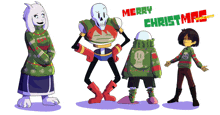 a group of cartoon characters standing next to each other with merry christmas written in red and green