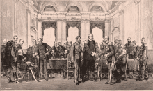 a black and white drawing of a group of men shaking hands in a room