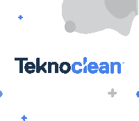 a blue and white logo for teknoclean on a gray background