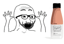 a drawing of a man with glasses next to a soylent bottle