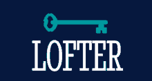 a blue and white logo for lofter with a key in the middle