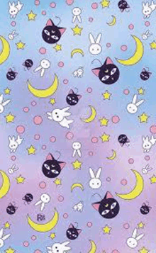 a seamless pattern of rabbits , cats , crescent moons and stars on a blue and purple background