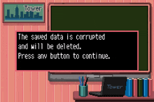 a computer screen that says the saved data is corrupted and will be deleted press any button to continue