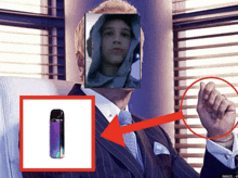a man in a suit has a picture of a boy behind him