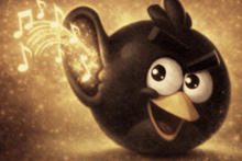 a black angry bird with music notes coming out of it 's ear