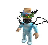 a roblox character wearing a mask and a hat with a stack of pancakes on it