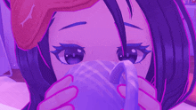 a close up of a girl 's face with a purple background