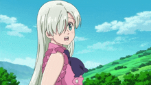 a girl with white hair and blue eyes is standing in front of a hill