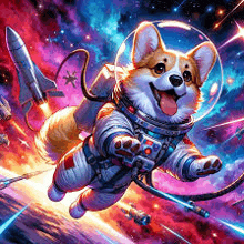 a corgi dog is wearing an astronaut 's suit and helmet and flying through space .