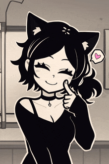 a black and white drawing of a girl wearing cat ears