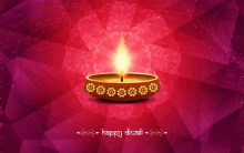 a happy diwali greeting card with a candle on a pink background